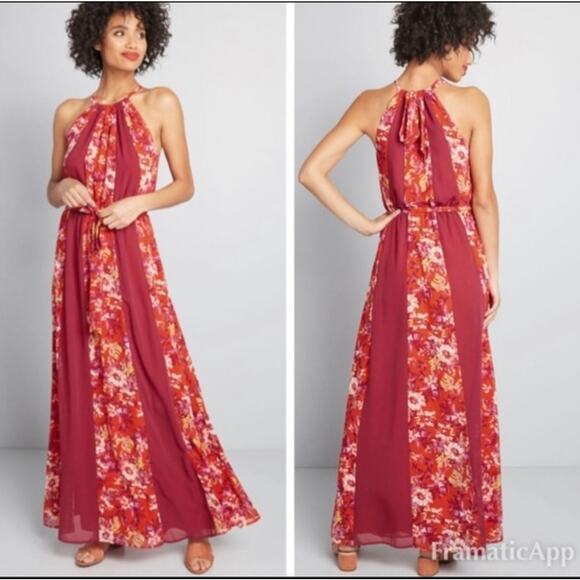 ModCloth Illuminated Elegance Maxi Dress Large Floral Panel Belted Halter Dress - Picture 9 of 9